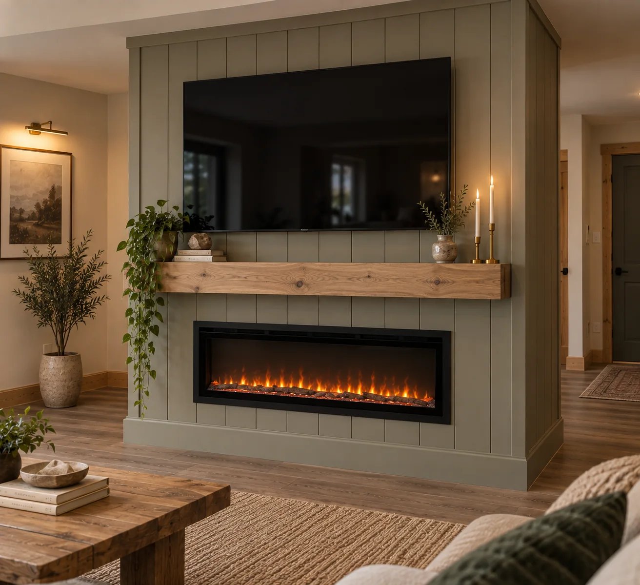 Vertical shiplap fireplace feature wall