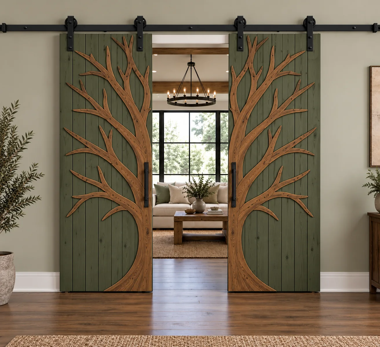 Double sliding barn doors, tree overlay