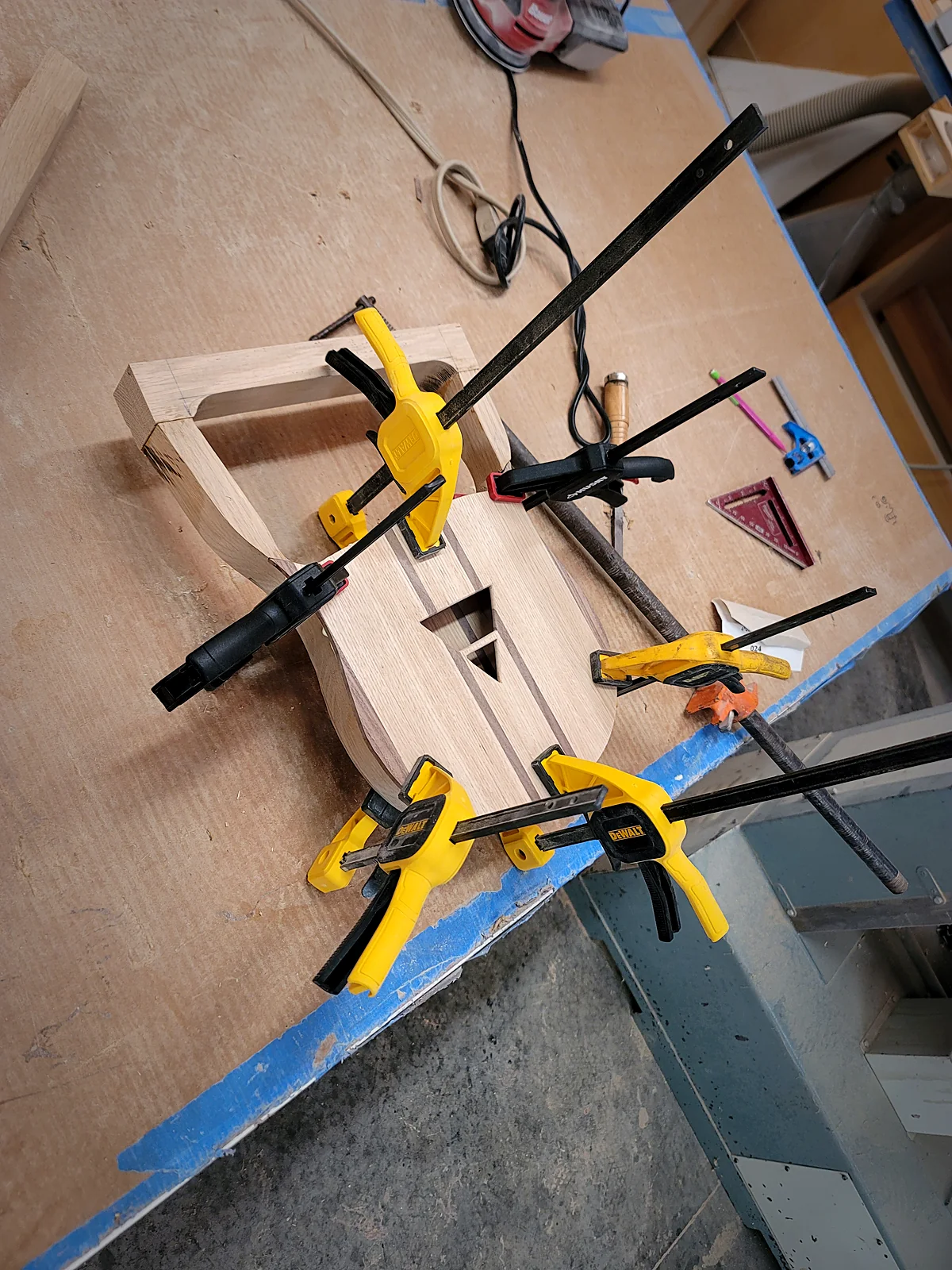 Oak lyre, clamped mid-build