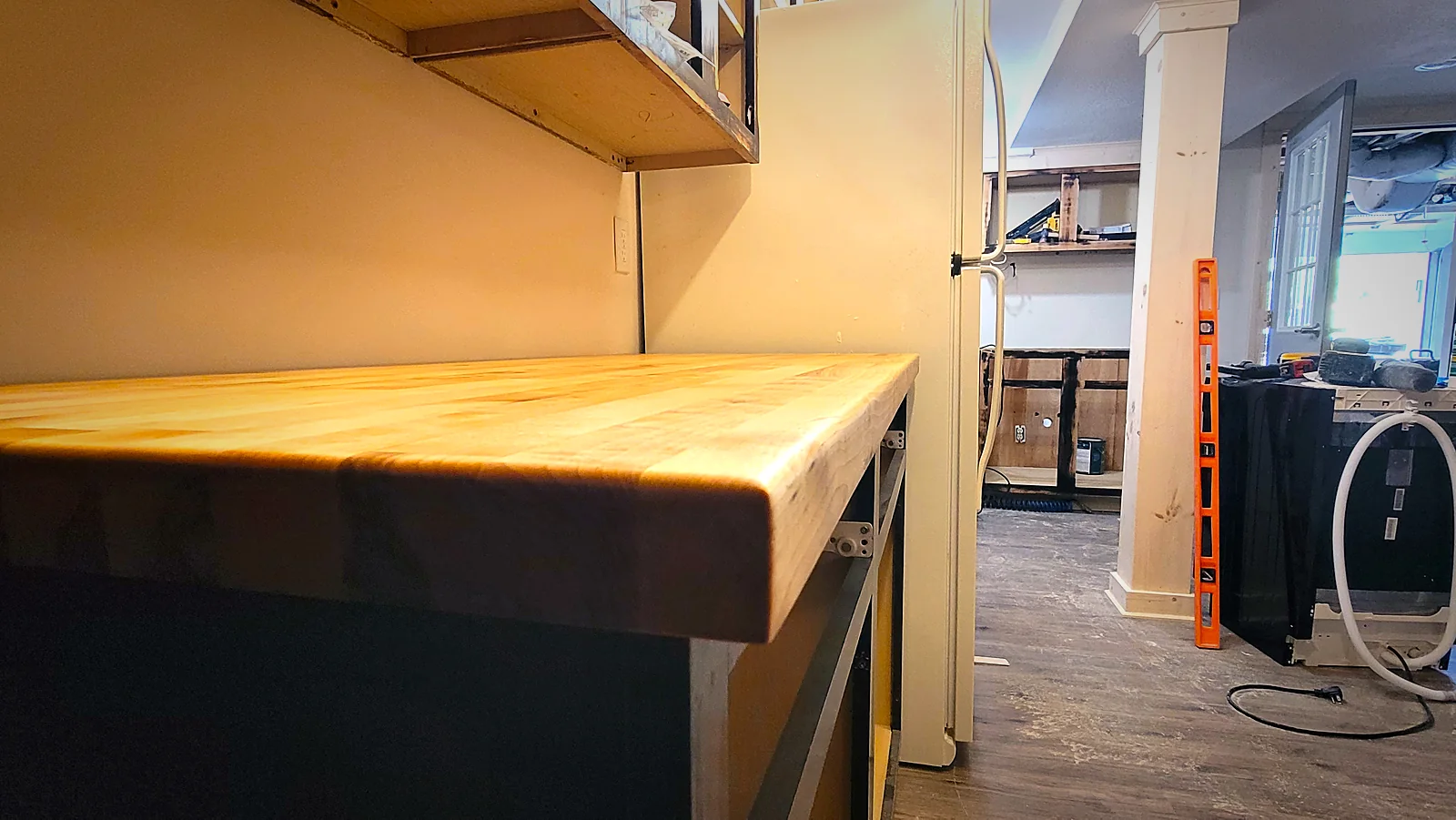 Butcher block counter mid-installation